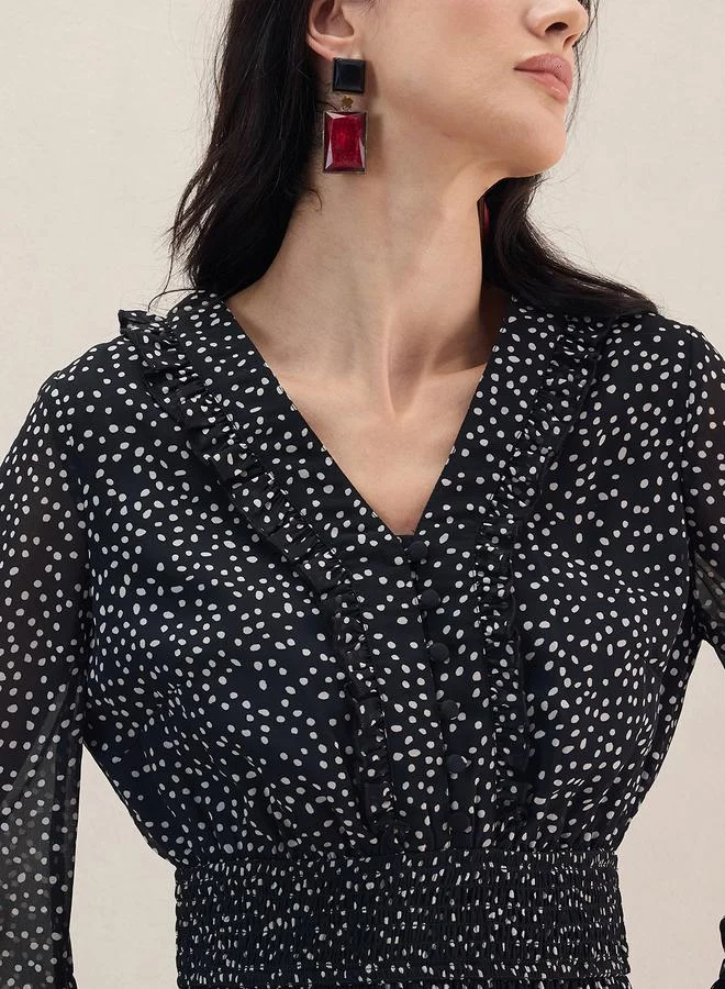 FEMELLA Polka Dot Print Ruffle Detail Maxi Dress by Styli