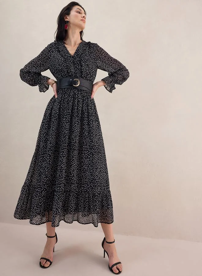 FEMELLA Polka Dot Print Ruffle Detail Maxi Dress by Styli
