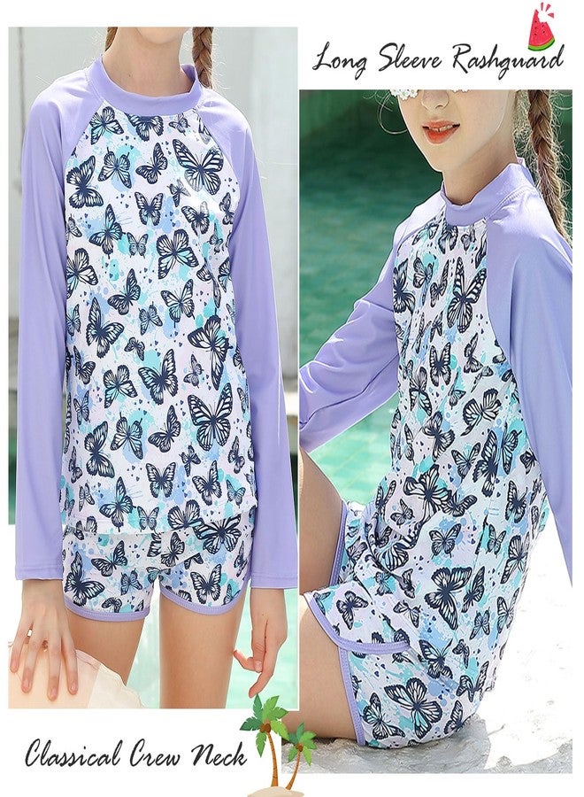 Vogseek Swimsuit for Girls Size 7-8 Butterflies Purple Bikini Long Sleeve 2 Pcs UV Sun Protection Swimwear with Swim Shorts Child Girls 7-8 Summer Holiday - Image 2