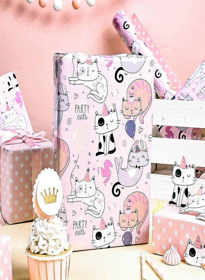 MAYPLUSS Cat Wrapping Paper, 17 Inch X 33 Feet Cute Pink Cat Gift Wrap Paper with Polka Dot for Birthday Party Baby Shower Animal Lover - Image 2