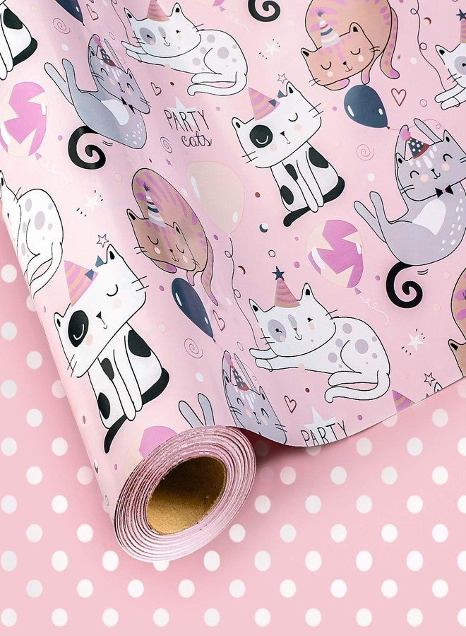 MAYPLUSS Cat Wrapping Paper, 17 Inch X 33 Feet Cute Pink Cat Gift Wrap Paper with Polka Dot for Birthday Party Baby Shower Animal Lover - Image 1