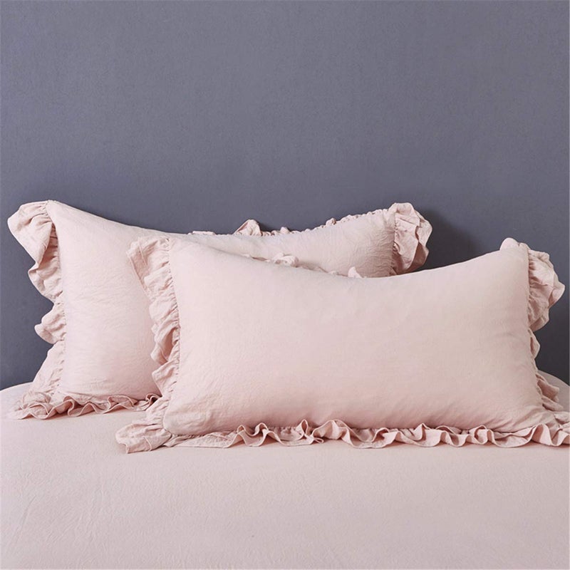 MOOWOO Ruffle Duvet Cover Set, Soft and Breathable Washed Microfiber 3pcs Bedding Set, Shabby Chic Farmhouse Duvet Cover and Pillow Shams, Zipper Closure & Corner Ties, Easy Care - Queen, Pink - Image 5