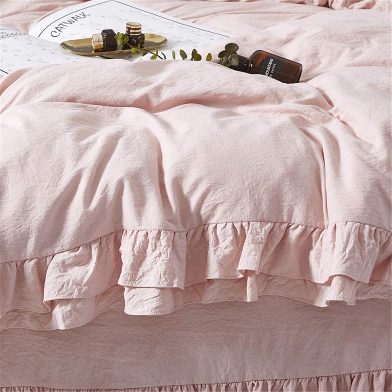 MOOWOO Ruffle Duvet Cover Set, Soft and Breathable Washed Microfiber 3pcs Bedding Set, Shabby Chic Farmhouse Duvet Cover and Pillow Shams, Zipper Closure & Corner Ties, Easy Care - Queen, Pink - Image 2