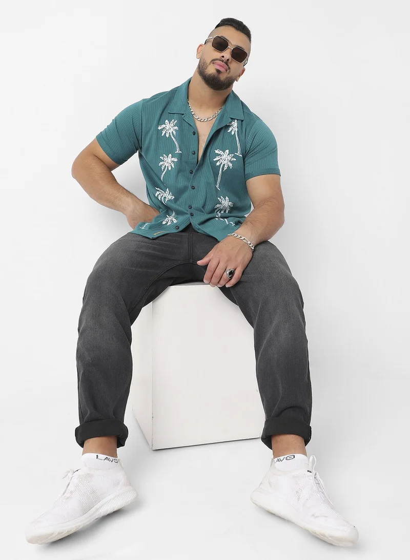 Instafab Plus  Men's Teal Blue Palm Tree Knit Shirt For Casual Wear | Cuban Collar | Short Sleeve | Button Closure | Shirt Crafted With Comfort Fit For Everyday Wear for Men | Best Price UAE