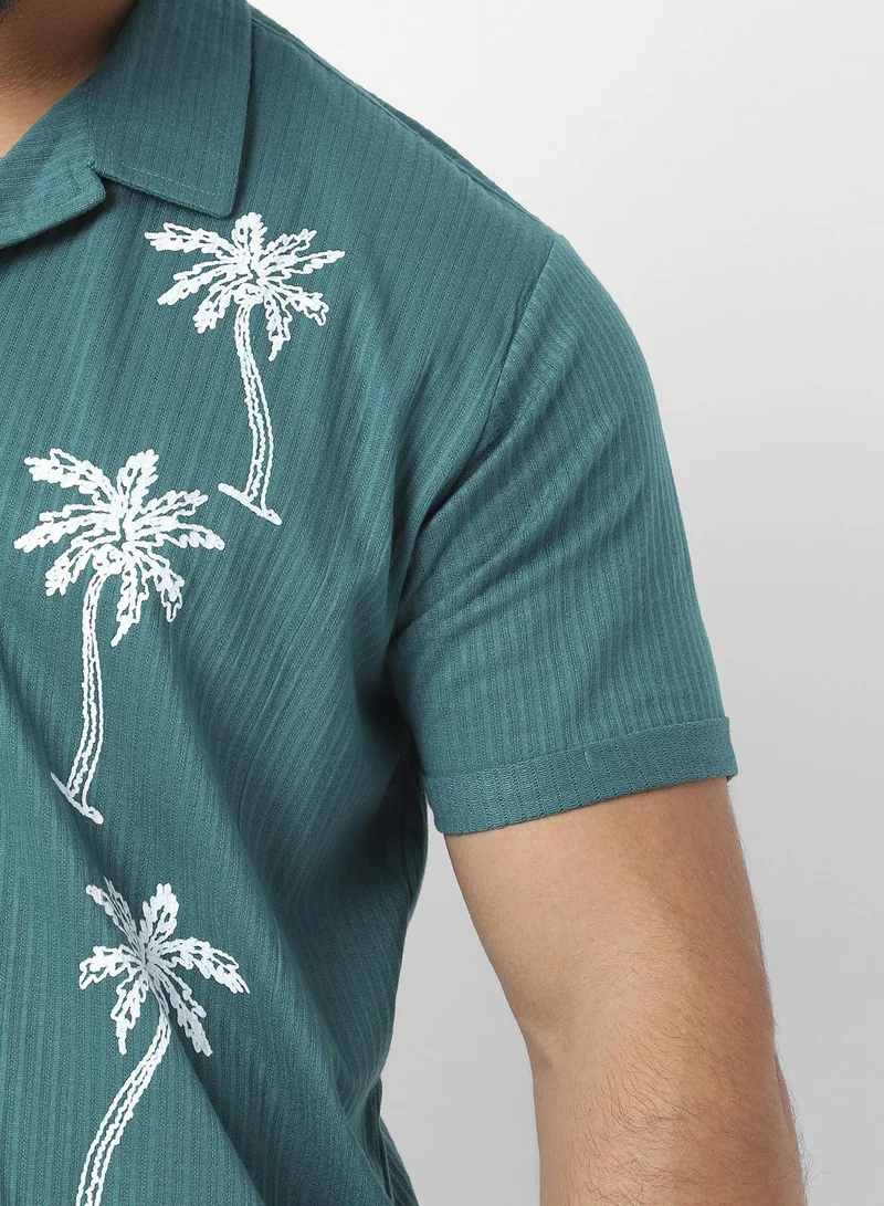 Instafab Plus  Men's Teal Blue Palm Tree Knit Shirt For Casual Wear | Cuban Collar | Short Sleeve | Button Closure | Shirt Crafted With Comfort Fit For Everyday Wear for Men | Best Price UAE