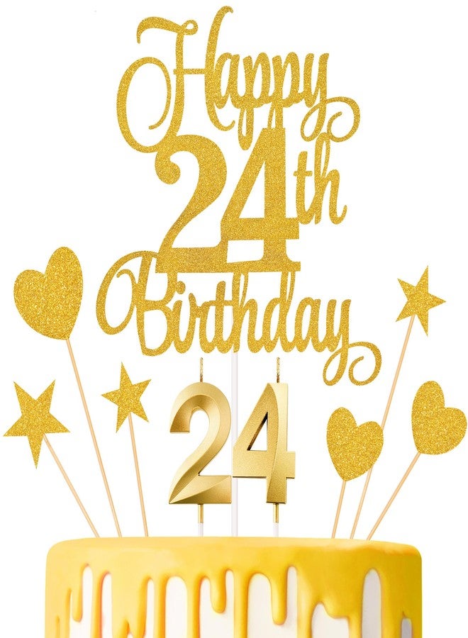 Lecferrarc 24th Birthday Cake Toppers, 24th Birthday Candles Numeral Candles and Glitter Cake Decorations Toppers Set for Party Supplies (Gold) - Image 1