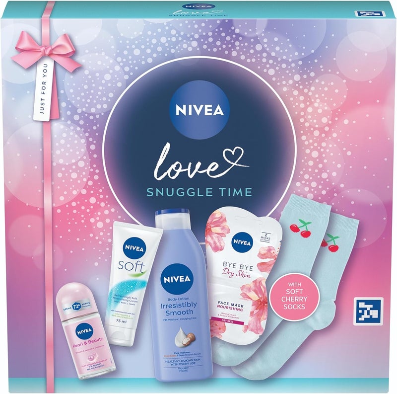 NIVEA Love Snuggle Time Gift Set 5 Products Womens Gift Set Includes Body Lotion Face Sheet Mask Moisturising Cream and AntiPerspirant with Pair of Socks