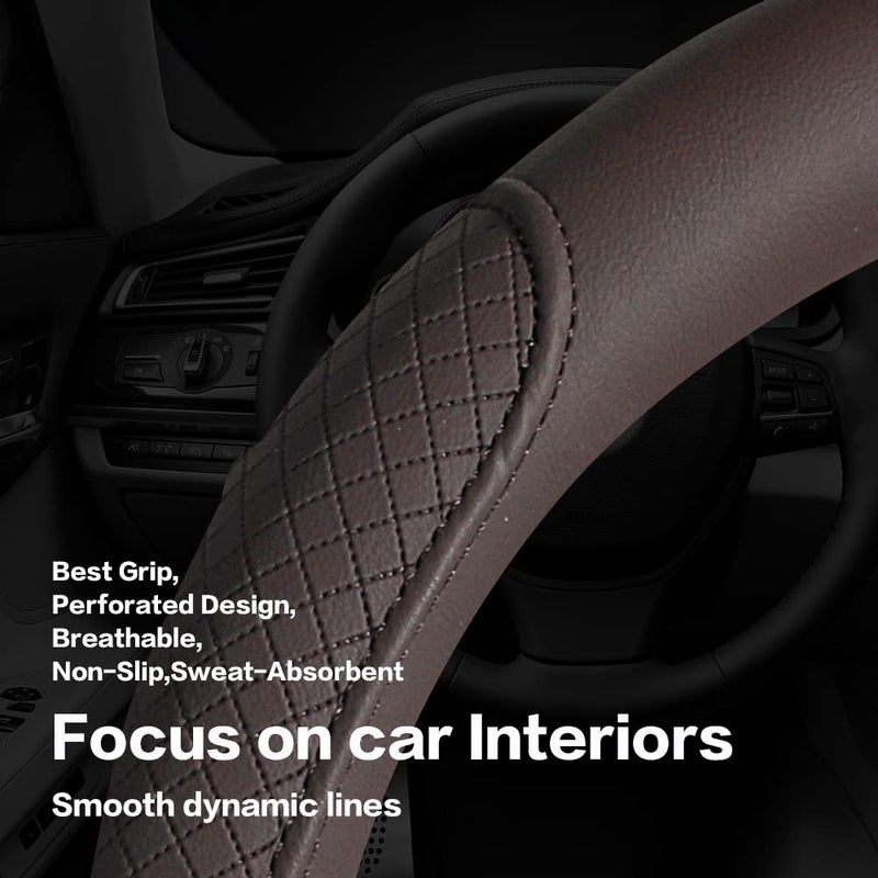 VARGTR Microfiber Leather Steering Wheel Cover with Classic Embossing, Anti-Slip Breathable Auto Car Wheel Protector, 15 Inch, Coffee - Image 5