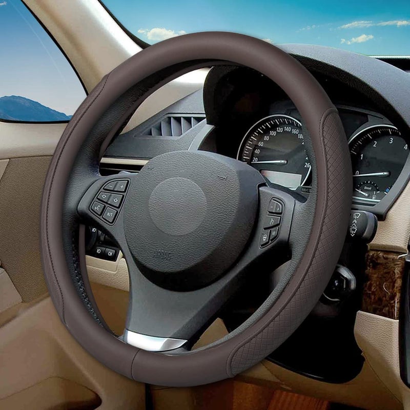 VARGTR Microfiber Leather Steering Wheel Cover with Classic Embossing, Anti-Slip Breathable Auto Car Wheel Protector, 15 Inch, Coffee - Image 1