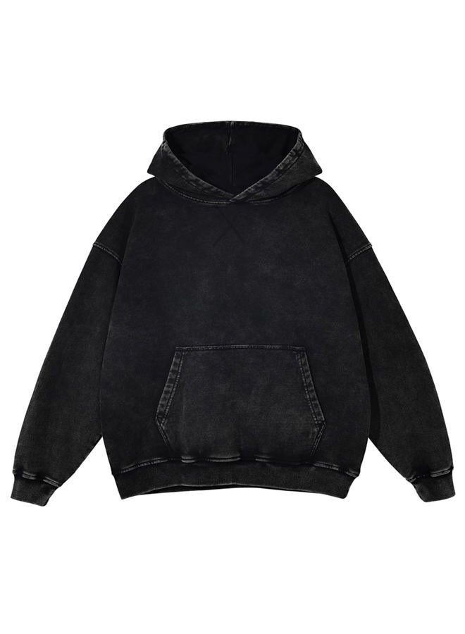 KEEPSHOWING Mens Oversized Hoodie Unisex Acid Wash Hoodie Vintage Pullover Hoodies Hip Hop Sweatshirts with Pocket, Black(hooded), L - Image 1