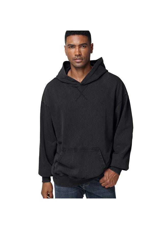 KEEPSHOWING Mens Oversized Hoodie Unisex Acid Wash Hoodie Vintage Pullover Hoodies Hip Hop Sweatshirts with Pocket, Black(hooded), L - Image 2
