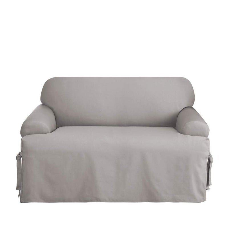SureFit Cotton Duck Loveseat T-Cushion One Piece Slipcover, Furniture Cover, Relaxed Woven Fit, 100% Cotton, Machine Washable, Gray - Image 1
