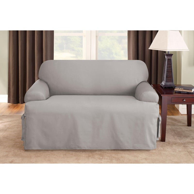 SureFit Cotton Duck Loveseat T-Cushion One Piece Slipcover, Furniture Cover, Relaxed Woven Fit, 100% Cotton, Machine Washable, Gray - Image 2
