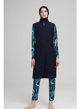 Nehar Magnolia Leaf Pattern Navy Blue Vest 3 Piece Hijab Swimsuit Set 2228  - Image 1