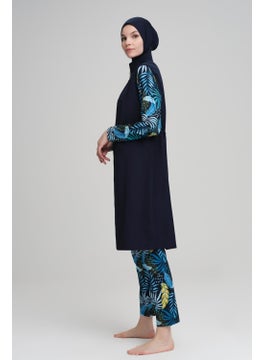 Nehar Magnolia Leaf Pattern Navy Blue Vest 3 Piece Hijab Swimsuit Set 2228  - Image 3