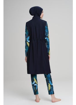 Nehar Magnolia Leaf Pattern Navy Blue Vest 3 Piece Hijab Swimsuit Set 2228  - Image 2
