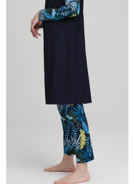 Nehar Magnolia Leaf Pattern Navy Blue Vest 3 Piece Hijab Swimsuit Set 2228  - Image 4