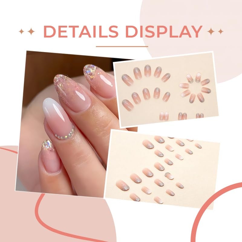 Quezadyl 24Pcs Ombre Press on Nails Medium Almond Fake Nails Rhinestones with Pink White Gradient Design French tip False Nails Glossy Full Cover Stick on Acrylic Artificial Reusable Glue on Nails for Women - Image 2