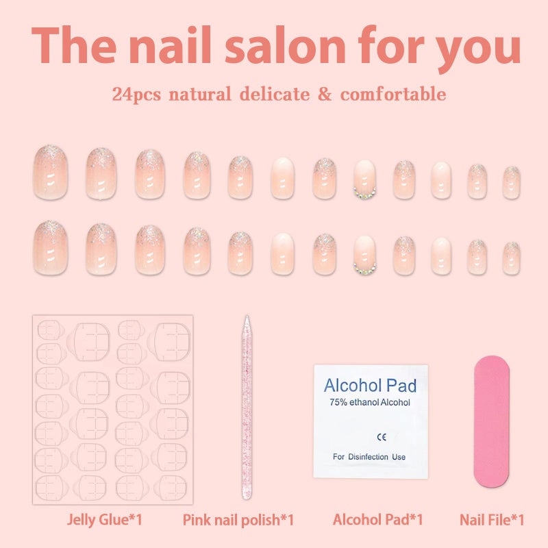 Quezadyl 24Pcs Ombre Press on Nails Medium Almond Fake Nails Rhinestones with Pink White Gradient Design French tip False Nails Glossy Full Cover Stick on Acrylic Artificial Reusable Glue on Nails for Women - Image 3