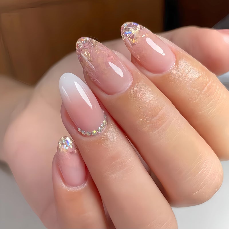 Quezadyl 24Pcs Ombre Press on Nails Medium Almond Fake Nails Rhinestones with Pink White Gradient Design French tip False Nails Glossy Full Cover Stick on Acrylic Artificial Reusable Glue on Nails for Women - Image 1