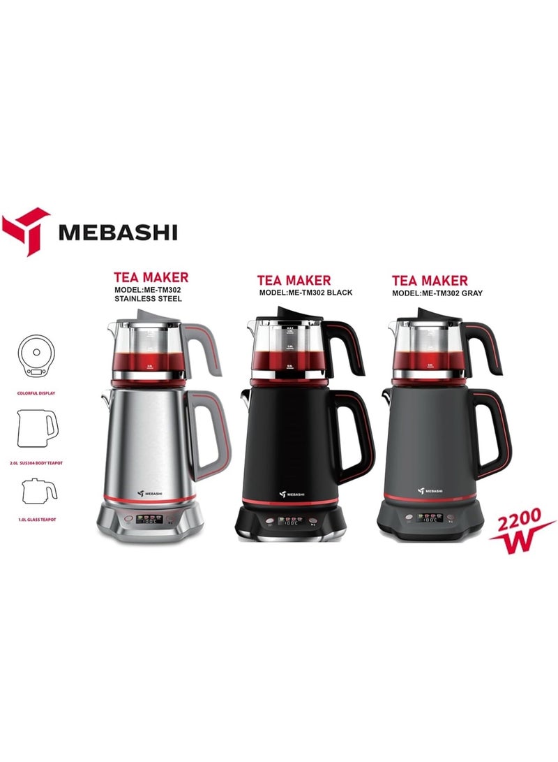 Mebashi Tea Maker, Digital Electric Kettle with Colorful Display, SUS304 Stainless Steel Body, 2L Kettle + 1L Teapot Capacity, Strix 13A Controller – ME-TM302GR, Gray - Image 4