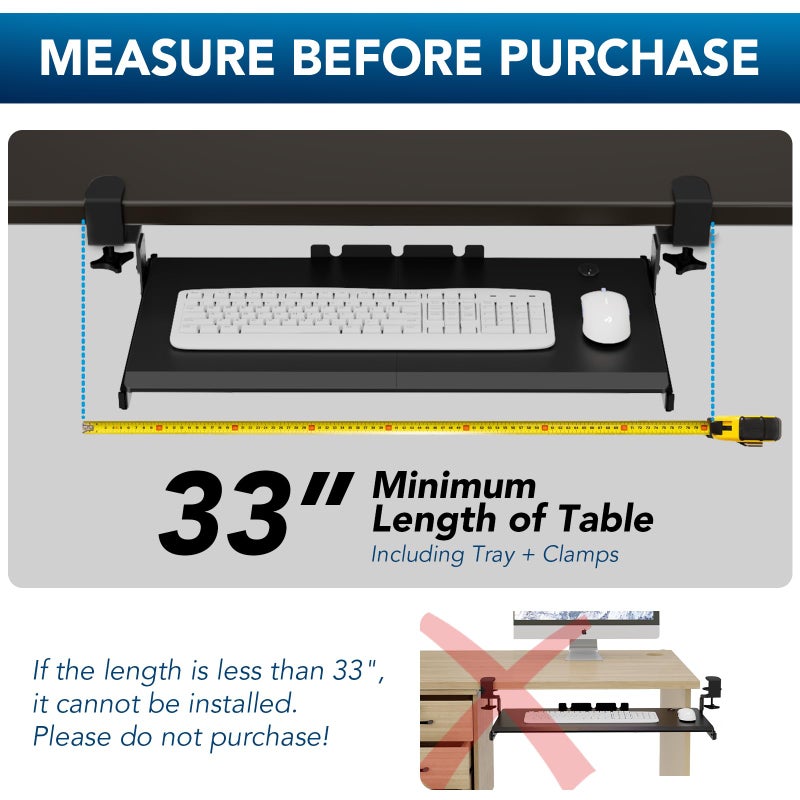 AX WABER Keyboard Tray Under Desk Pull Out with Extra Sturdy Adjustable C Clamp Mount System, 27.3 (32.5 inch Including Clamps) x 11 Inch Slide-Out Platform Computer Drawer for Typing, Black,AX01WB01 - Image 5