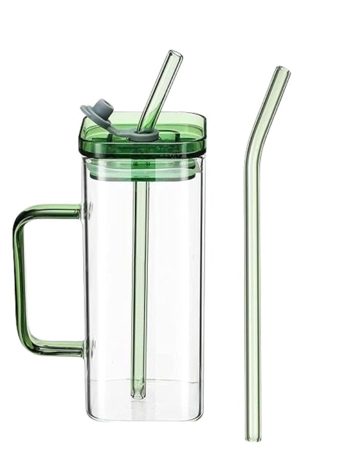 FALMER Glass Coffee Cups with Plastic Lid and Straw 400ml, Drinking Cups for Juice, Iced Drinks, Cocktails, Home and Travel (Green) (Pack of 1)  - Image 2