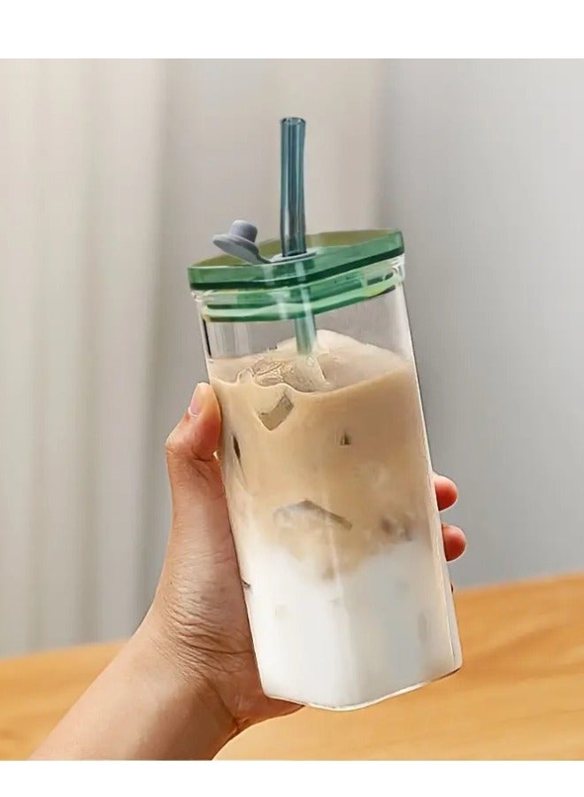 FALMER Glass Coffee Cups with Plastic Lid and Straw 400ml, Drinking Cups for Juice, Iced Drinks, Cocktails, Home and Travel (Green) (Pack of 1)  - Image 4