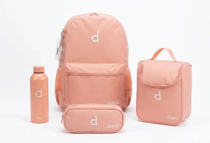 Depo DEPO 4-Piece School Set for Kids – Peach Pink, 44cm Backpack with Lunch Box, Pencil Case & Water Bottle