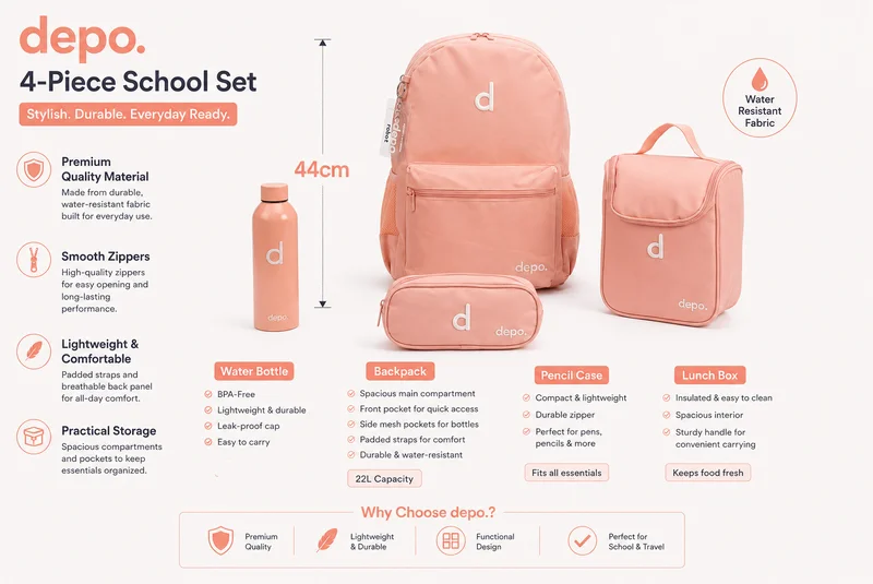 Depo DEPO 4-Piece School Set for Kids – Peach Pink, 44cm Backpack with Lunch Box, Pencil Case & Water Bottle