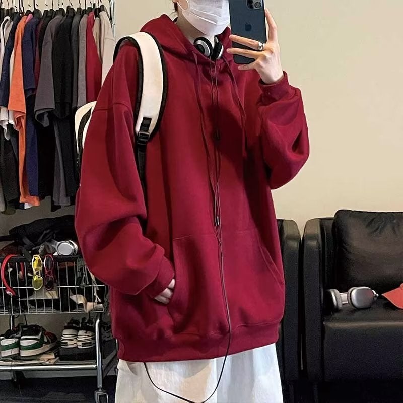 Burgundy Hoodie Mens Autumn Casual Top Blue  - Image 3