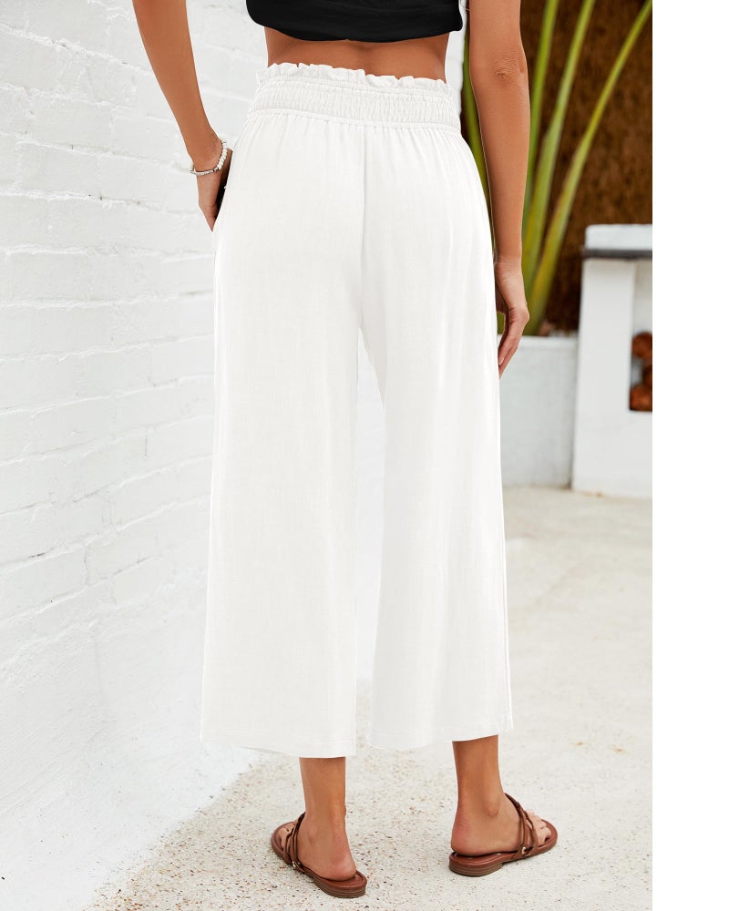 GRAPENT High Rise Linen Pant Trousers Woman Elastic Smock Waist Wide Leg Pants for Women Summer Capris Plus Size Capris for Women Color Off White Large Size 12-14 - Image 2