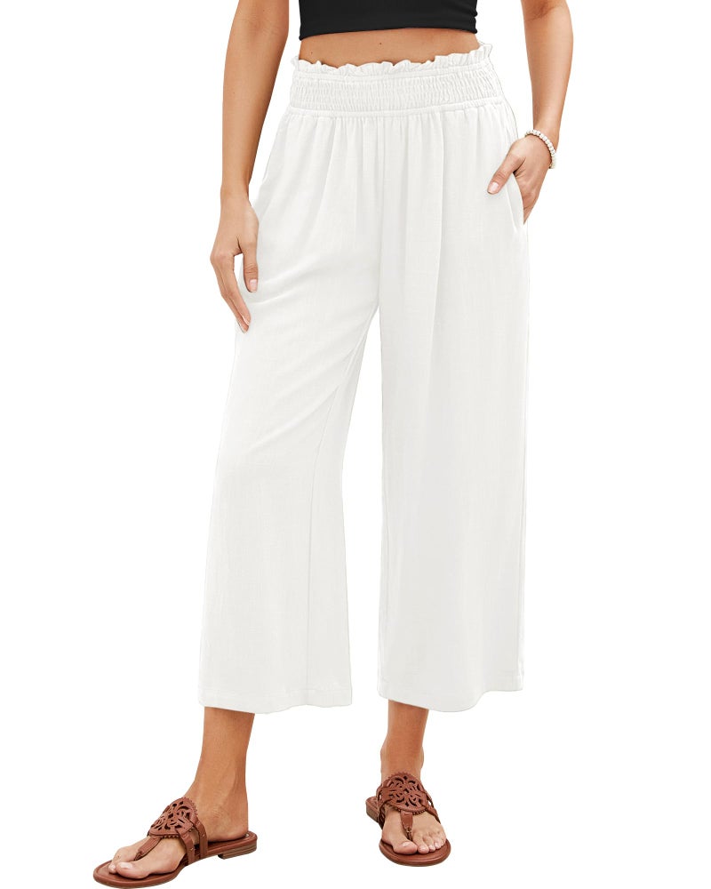 GRAPENT High Rise Linen Pant Trousers Woman Elastic Smock Waist Wide Leg Pants for Women Summer Capris Plus Size Capris for Women Color Off White Large Size 12-14 - Image 1