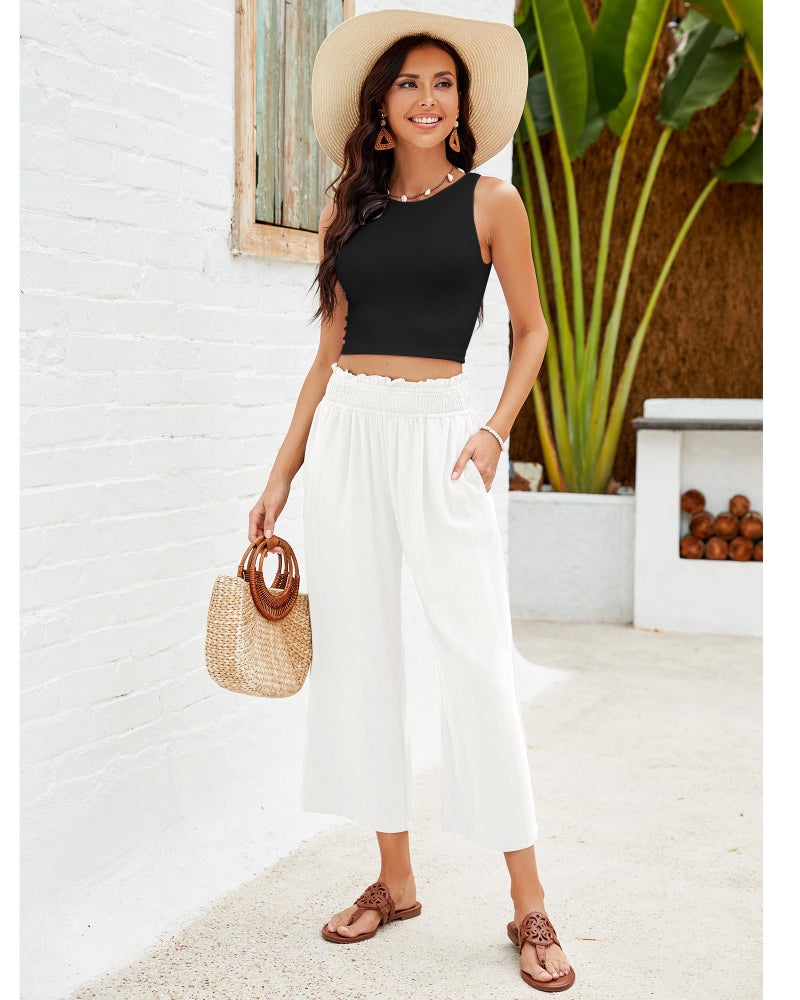 GRAPENT High Rise Linen Pant Trousers Woman Elastic Smock Waist Wide Leg Pants for Women Summer Capris Plus Size Capris for Women Color Off White Large Size 12-14 - Image 4