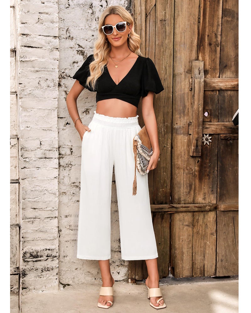 GRAPENT High Rise Linen Pant Trousers Woman Elastic Smock Waist Wide Leg Pants for Women Summer Capris Plus Size Capris for Women Color Off White Large Size 12-14 - Image 5
