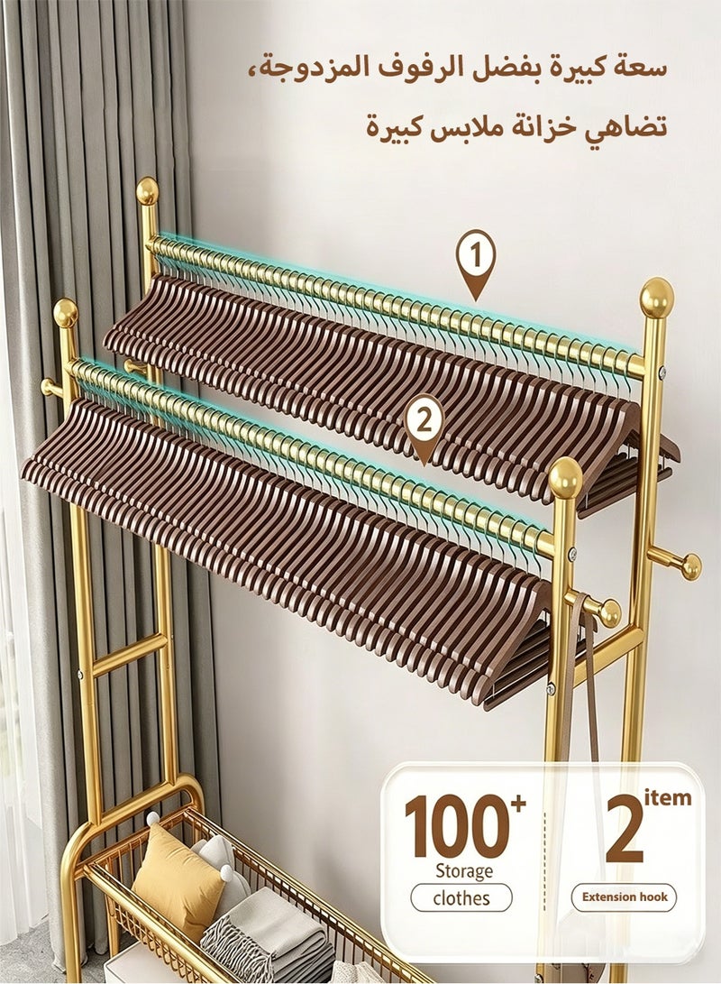 باور رف ملابس معدني ذهبي بطول 120 سم مزود بعجلات وذو قضيبين مع رف تخزين، منظم ملابس متحرك شديد التحمل لغرفة النوم وغرفة المعيشة وغرفة الغسيل والمنزل - Image 3