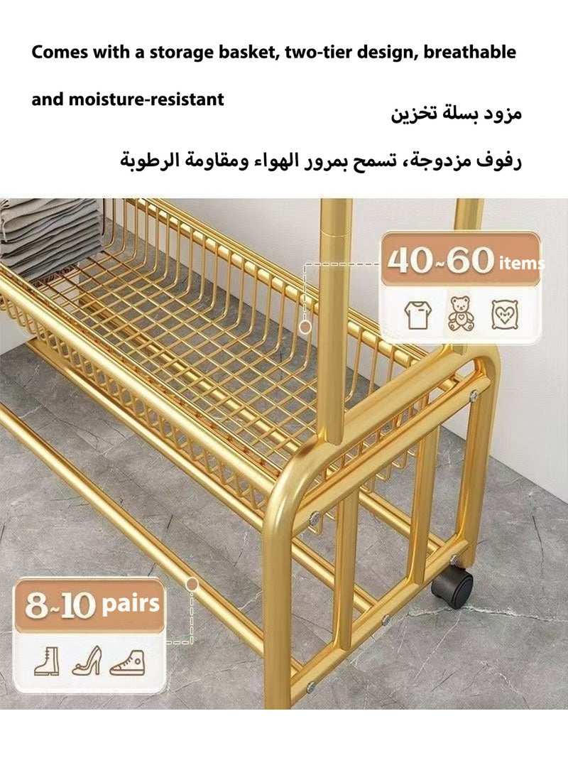 باور رف ملابس معدني ذهبي بطول 120 سم مزود بعجلات وذو قضيبين مع رف تخزين، منظم ملابس متحرك شديد التحمل لغرفة النوم وغرفة المعيشة وغرفة الغسيل والمنزل - Image 2