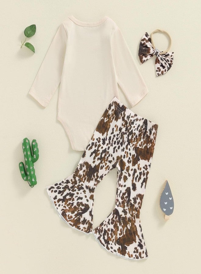 SAYOO Newborn Baby Girl Western Clothes Hi Cow Letter Bodysuit Romper Cow Print Flare Pants 3Pcs Cowgirl Coming Home Outfit (A Ivory, 0-3 Months) - Image 4