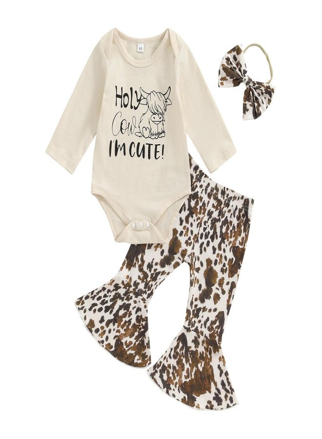 SAYOO Newborn Baby Girl Western Clothes Hi Cow Letter Bodysuit Romper Cow Print Flare Pants 3Pcs Cowgirl Coming Home Outfit (A Ivory, 0-3 Months) - Image 1