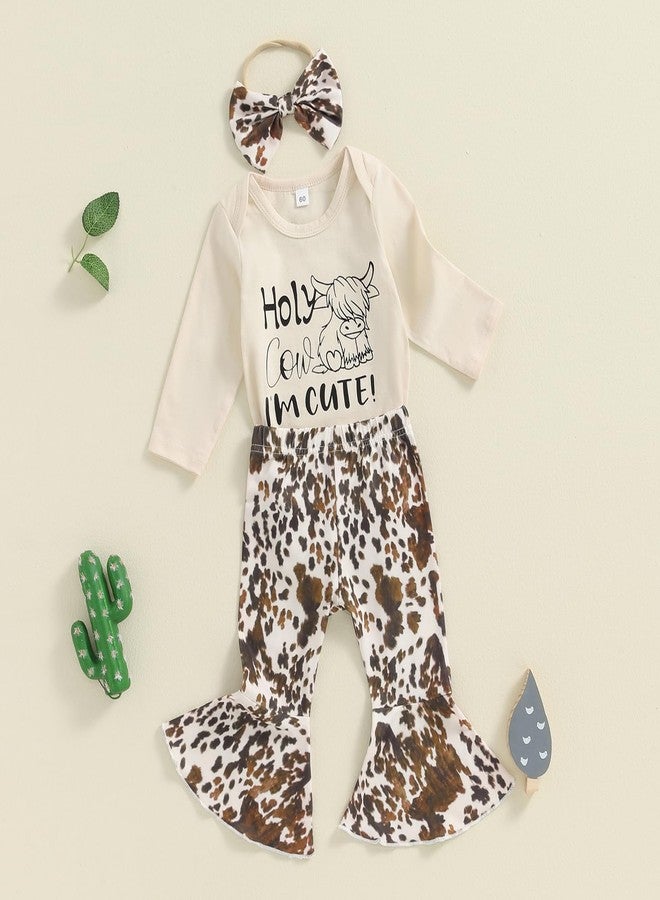SAYOO Newborn Baby Girl Western Clothes Hi Cow Letter Bodysuit Romper Cow Print Flare Pants 3Pcs Cowgirl Coming Home Outfit (A Ivory, 0-3 Months) - Image 3