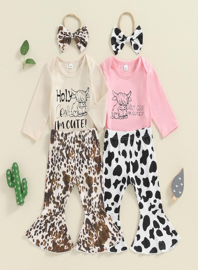 SAYOO Newborn Baby Girl Western Clothes Hi Cow Letter Bodysuit Romper Cow Print Flare Pants 3Pcs Cowgirl Coming Home Outfit (A Ivory, 0-3 Months) - Image 2