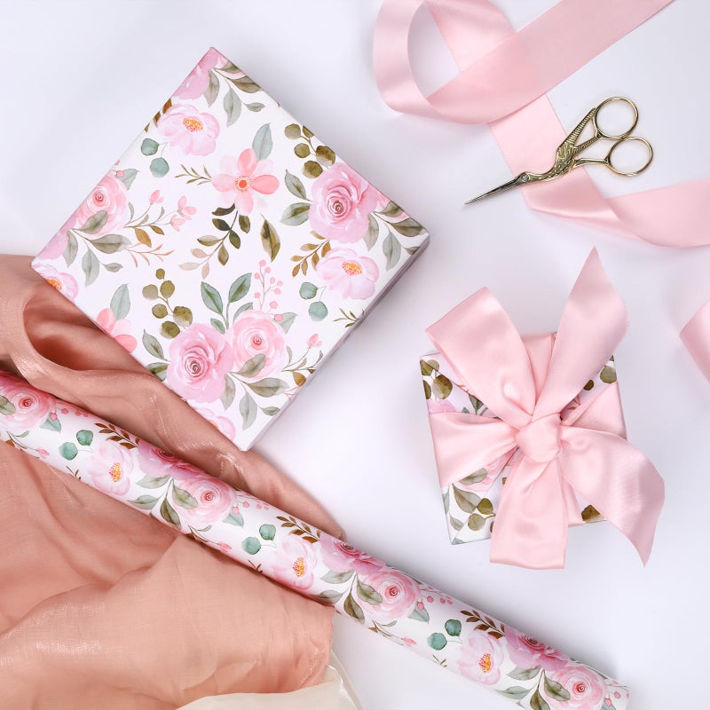 BIOBROWN Reversible Floral Wrapping Paper Roll - 17 Inches X 33 Feet (47 sq. ft. ttl.) Pink Watercolor Roses Design Flower Gift Wrap for Valentine's Day, Wedding, Bridal Shower, Mother's Day - Image 2