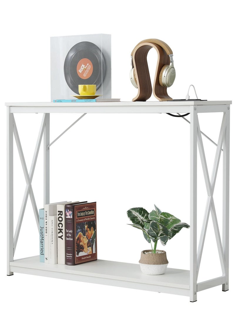 JANTENS - Console Table with Power Outlet Sofa Table White 100x30x78.5 cm - Image 1