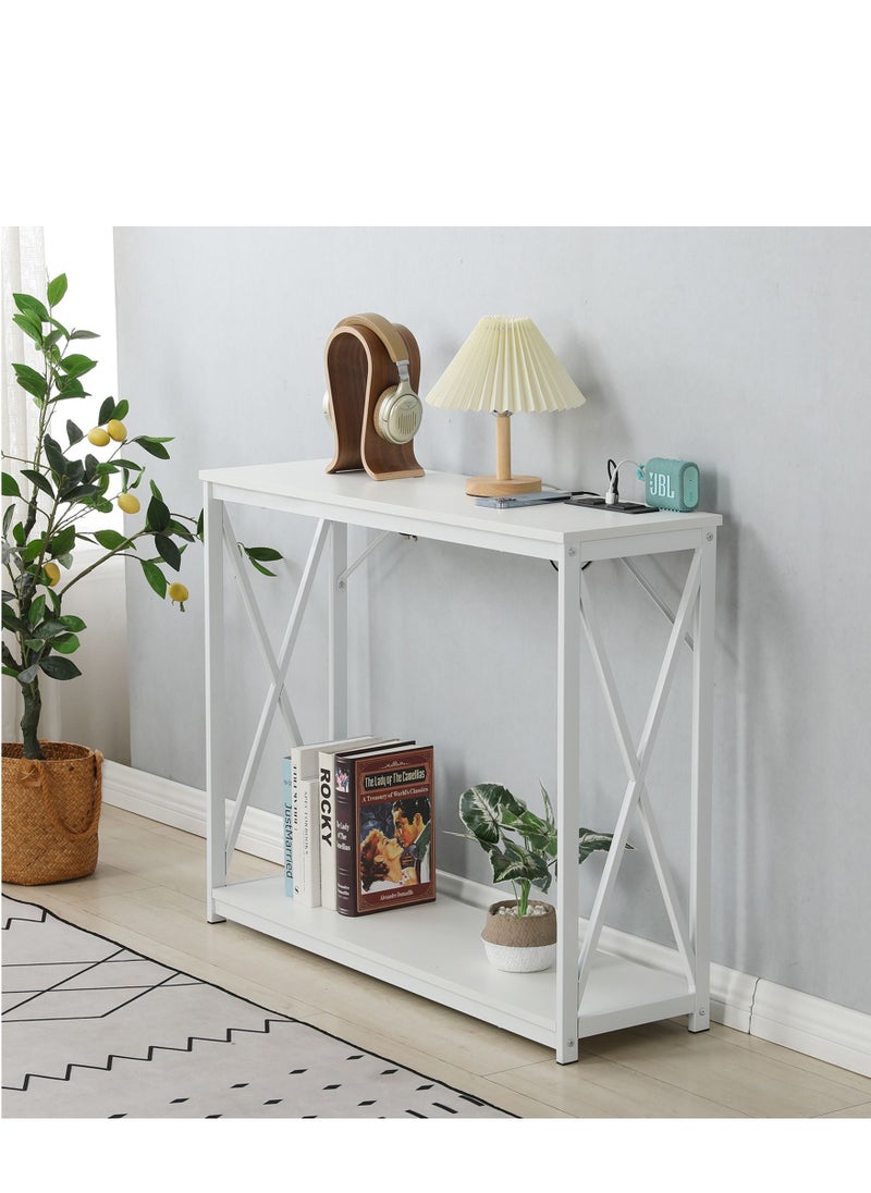 JANTENS - Console Table with Power Outlet Sofa Table White 100x30x78.5 cm - Image 1