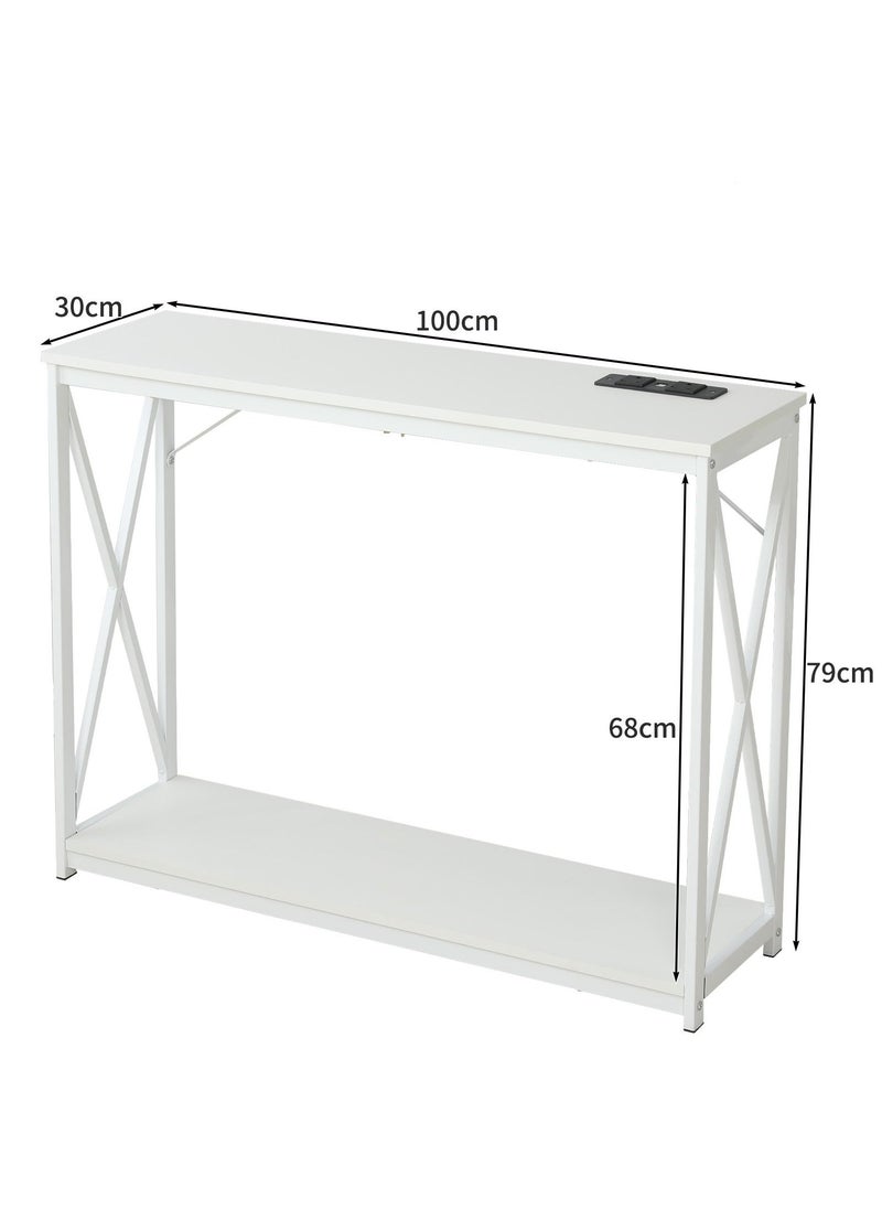 JANTENS - Console Table with Power Outlet Sofa Table White 100x30x78.5 cm - Image 1
