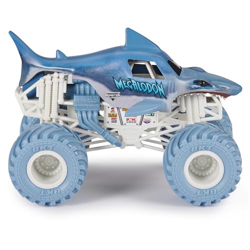 Monster Jam مونستر جام، شاحنة الوحش ميغالودون الرسمية - إصدار 2017 الأصلي الرجعي 1:24 نموذج مصبوب ومركبات بإطارات BKT، قابلة للجمع لعشاقها وحفلات عيد الميلاد، ألعاب للأطفال من عمر 3 سنوات وما فوق - Image 3