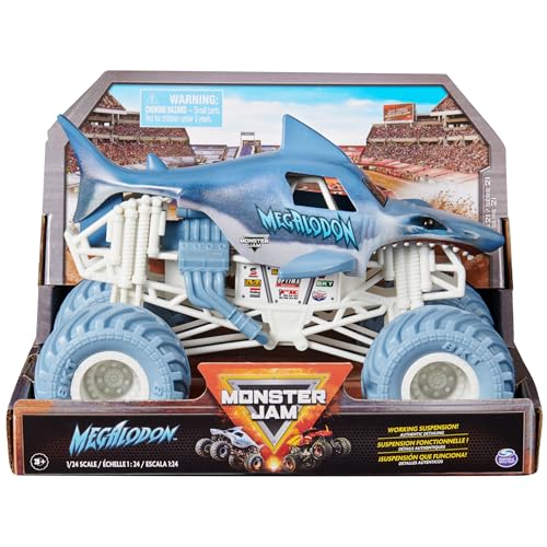 Monster Jam مونستر جام، شاحنة الوحش ميغالودون الرسمية - إصدار 2017 الأصلي الرجعي 1:24 نموذج مصبوب ومركبات بإطارات BKT، قابلة للجمع لعشاقها وحفلات عيد الميلاد، ألعاب للأطفال من عمر 3 سنوات وما فوق - Image 1