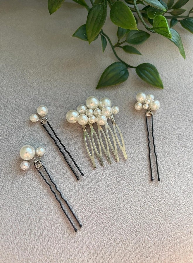 DORMITORRY Elegant Pearl Hair Pins Set, 4 pcs Bridal Hair Accessories for Women, Handmade Bobby Pins & Comb Clip, Wedding, Prom, Party, Formal Hair Jewelry, Vintage Style Pearl for Burns - Silver. - Image 1