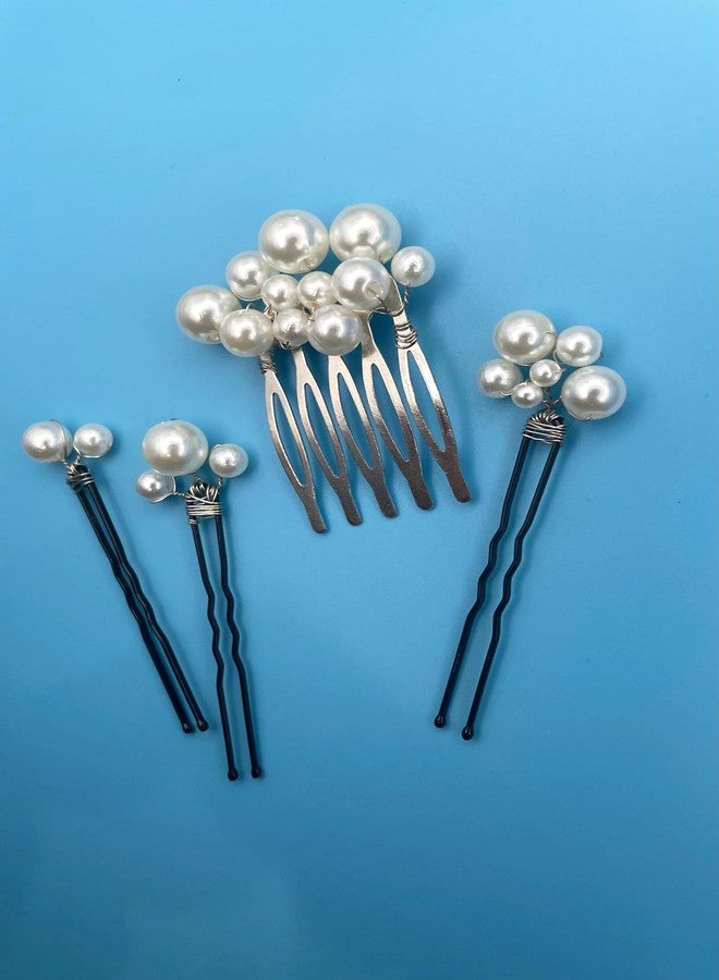 DORMITORRY Elegant Pearl Hair Pins Set, 4 pcs Bridal Hair Accessories for Women, Handmade Bobby Pins & Comb Clip, Wedding, Prom, Party, Formal Hair Jewelry, Vintage Style Pearl for Burns - Silver. - Image 2