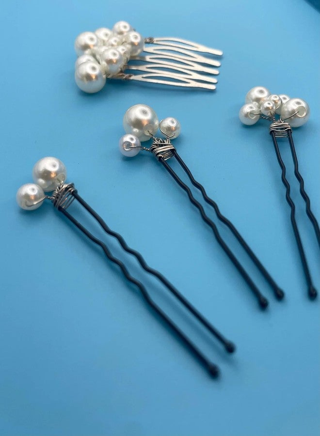 DORMITORRY Elegant Pearl Hair Pins Set, 4 pcs Bridal Hair Accessories for Women, Handmade Bobby Pins & Comb Clip, Wedding, Prom, Party, Formal Hair Jewelry, Vintage Style Pearl for Burns - Silver. - Image 3
